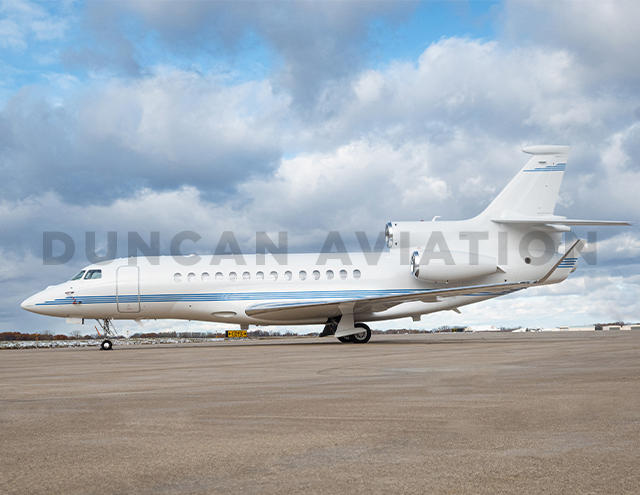 Newly painted exterior of Falcon 7X by Duncan Aviation