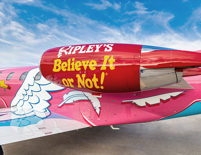 Engine and wing on a wing on the Ripley's Believe It or Not! Flying Pig Citation by Duncan Aviation