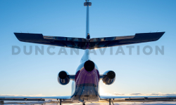 Refurbished paint by Duncan Aviation on Falcon 900 in dark blue, magenta, and light blue