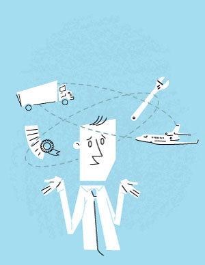 cartoon man with logistical items circling his head