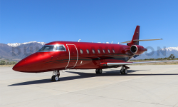 Exterior of Gulfstream G200 painted red by Duncan Aviation